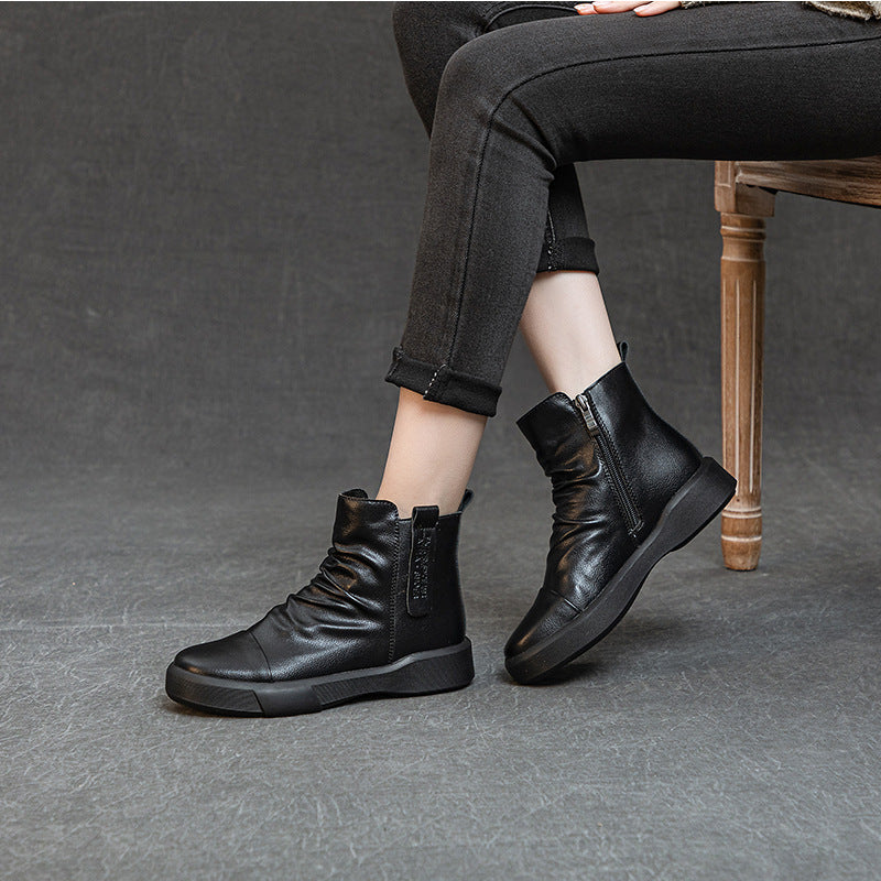 Comfortable Women's Flat Leather Boots – Casual Ruched Ankle Style