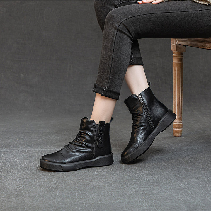 Comfortable Women's Flat Leather Boots – Casual Ruched Ankle Style