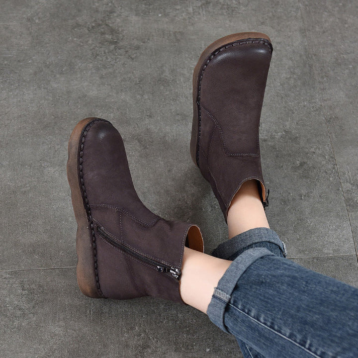 Women's Leather Zipper Ankle Boots – Comfortable Flat Casual Style