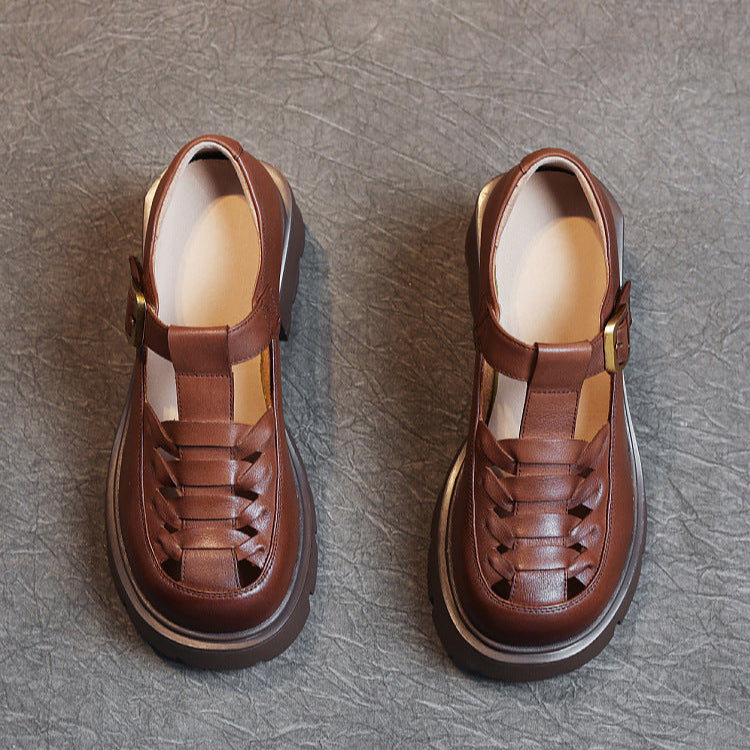 Women's Genuine Leather Fisherman Sandals - Chunky High Heel & Closed Toe Design