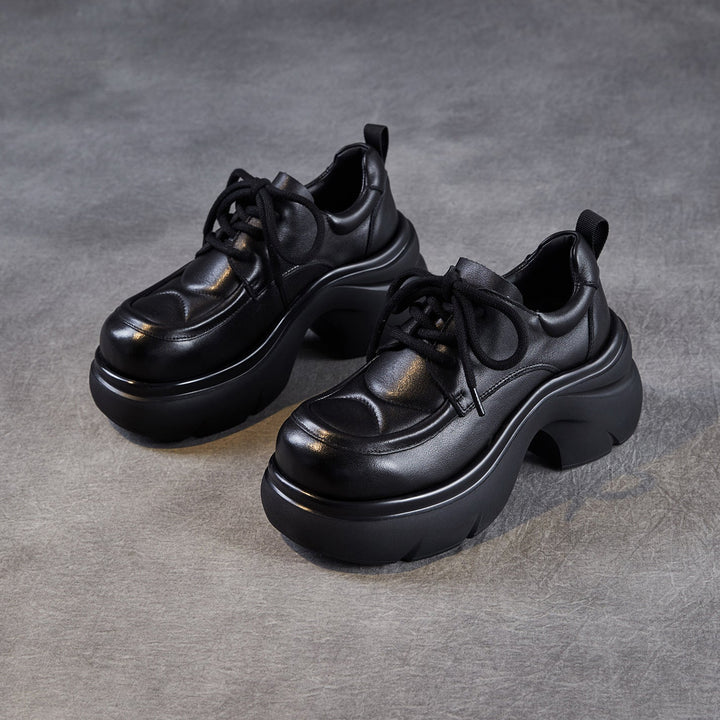 Women's Platform Genuine Leather Oxfords High Chunky Heel Lace Up Casual Shoes