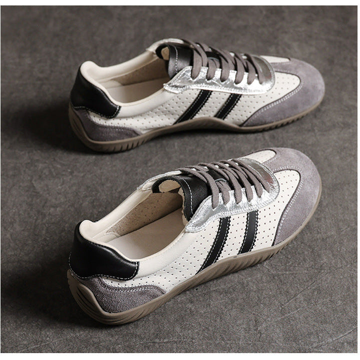 Women's Genuine Leather Retro Sneakers Patchwork Flat Lace Up Casual Walking Shoes