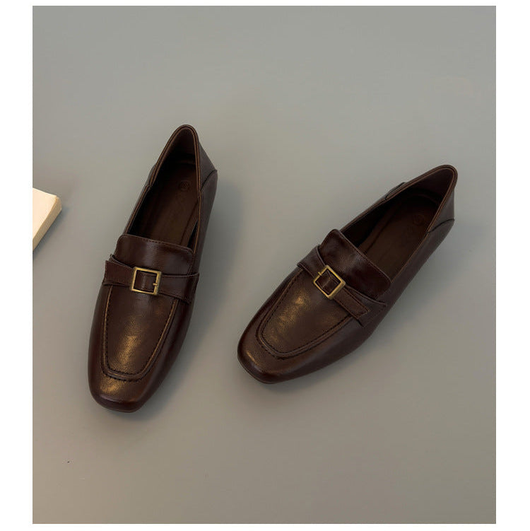 Women's Premium Leather Loafers - Square Toe Vintage Buckle Strap Chunky Heel Pumps