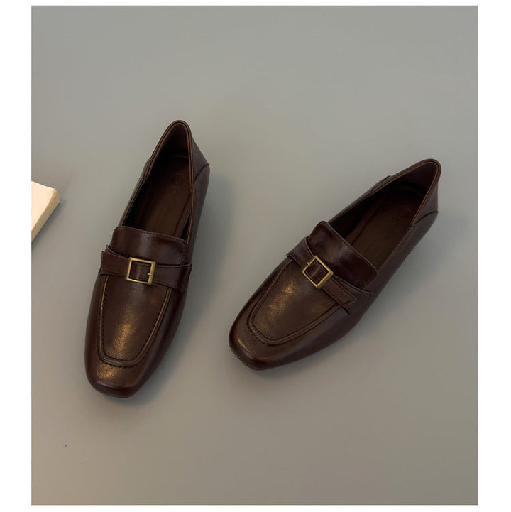 Women's Premium Leather Loafers - Square Toe Vintage Buckle Strap Chunky Heel Pumps