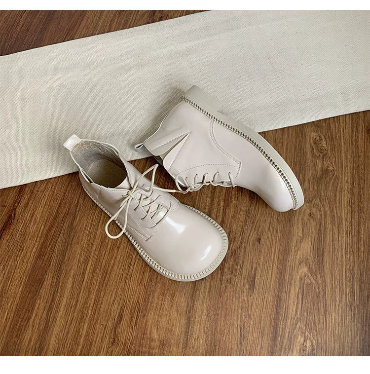 Women's Vegan Leather Ankle Boots Lace Up Casual Low Heel Booties Comfortable Walking Shoes