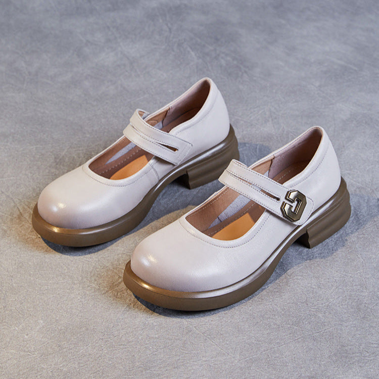 Women's Soft Leather Mary Janes – Round Toe Low Heel with Adjustable Velcro