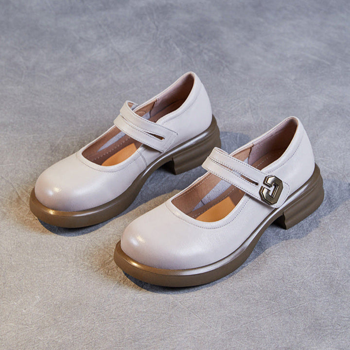 Women's Soft Leather Mary Janes – Round Toe Low Heel with Adjustable Velcro