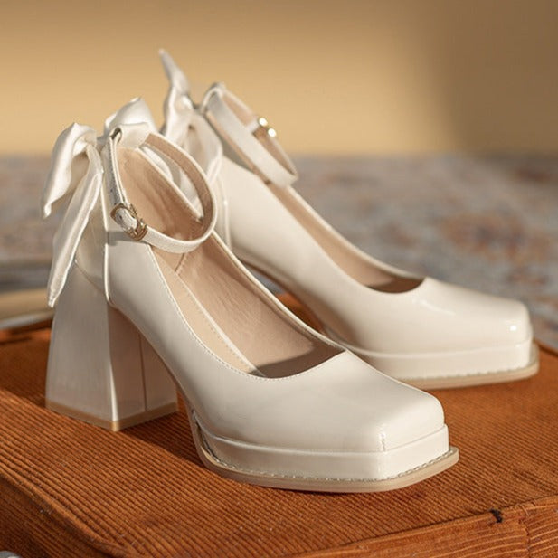 Wedding Shoes Square Toe Bow Accent Mary Jane Pumps