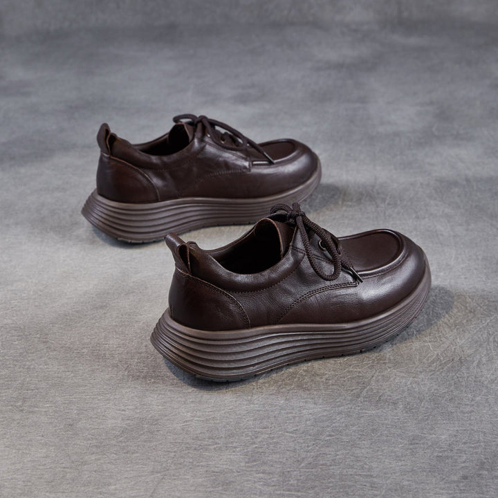 Women’s Leather Lace-Up Platform Wedge Shoes – Retro Non-Slip Casual Style