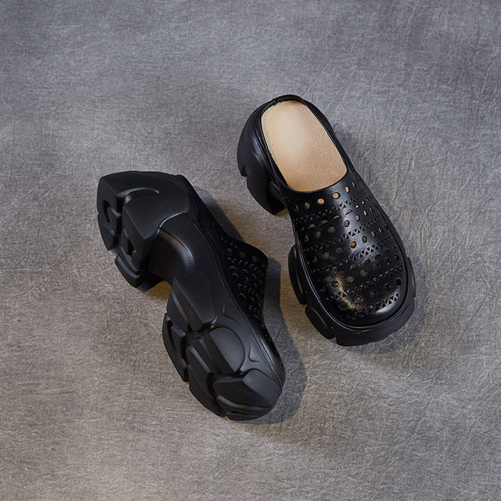 Women's Leather Platform Mules - Hollow Out Perforated Closed Round Toe Chunky Sandals Summer Slides