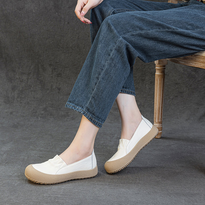 Womens Casual Leather Slip-on Loafers Closed Toe Platform Walking Shoes Anti-Collision