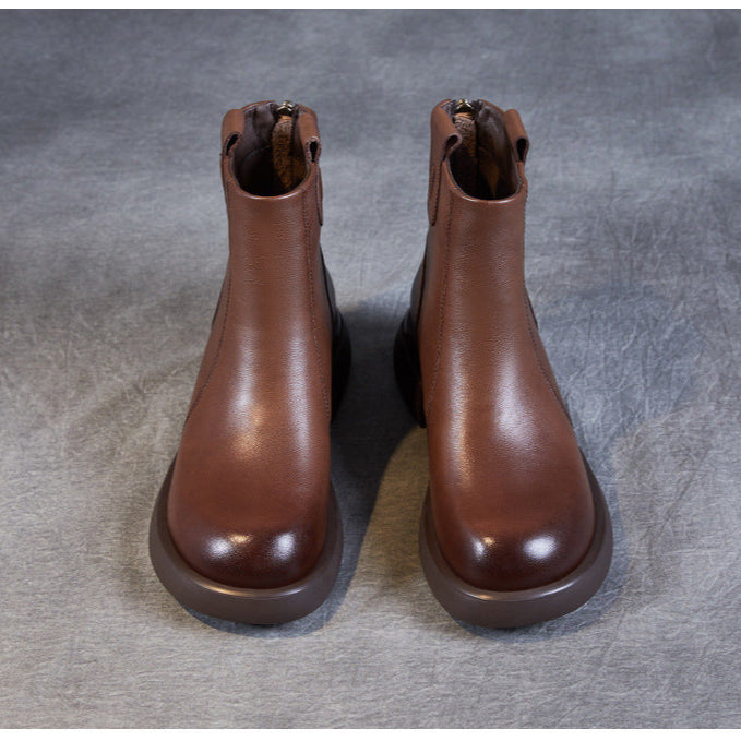 Women's Low Heel Casual Genuine Leather Boots with Back Zipper