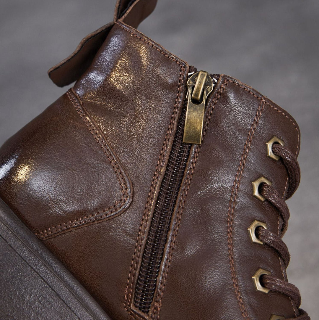 Women's Leather Winter Combat Ankle Boots Soft Lined Lace-up Walking Booties