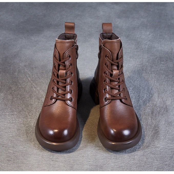 Women's Genuine Leather Lace-Up Side Zip Ankle Boots – Casual & Versatile