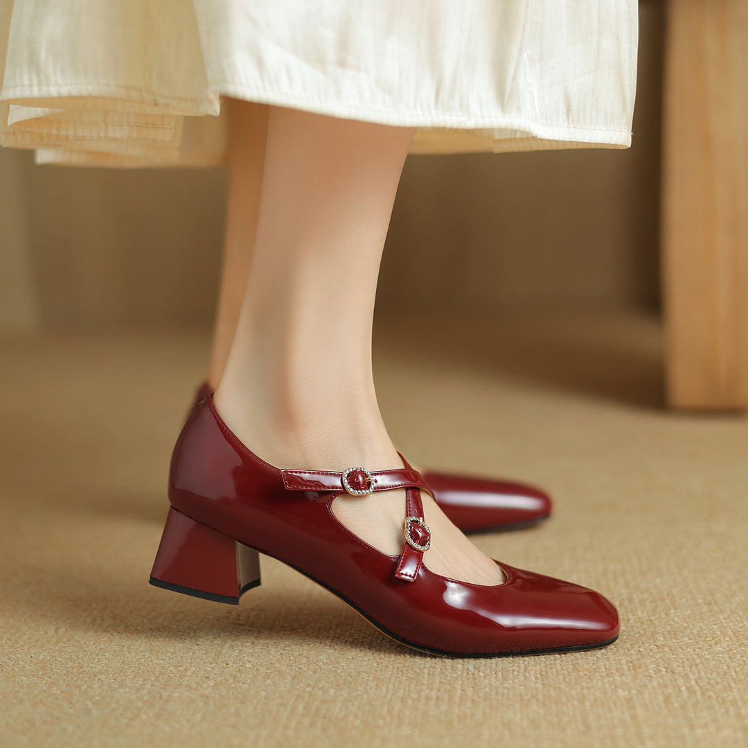 Women Square Toe Crossed Strap Mary Janes Pump Shoes