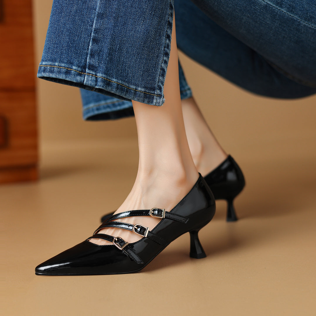 Patent Leather Pointed Toe Kitten Heels Pumps with Buckle