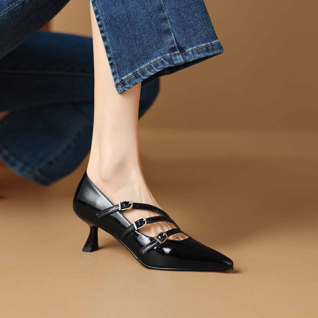 Patent Leather Pointed Toe Kitten Heels Pumps with Buckle