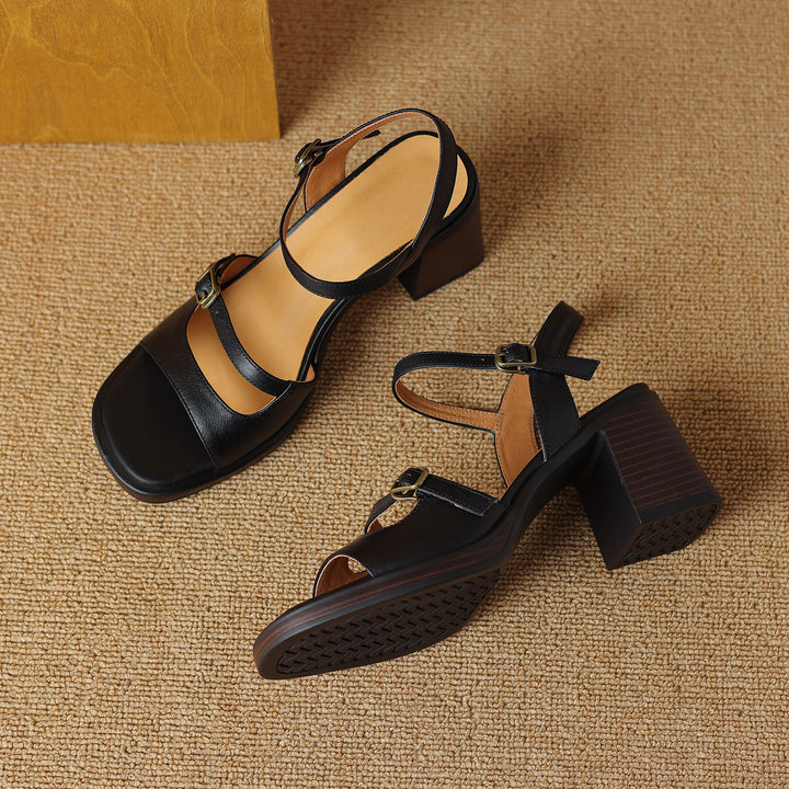 Women's Retro Leather Open-Toe Block Heel Sandals – Vintage Style