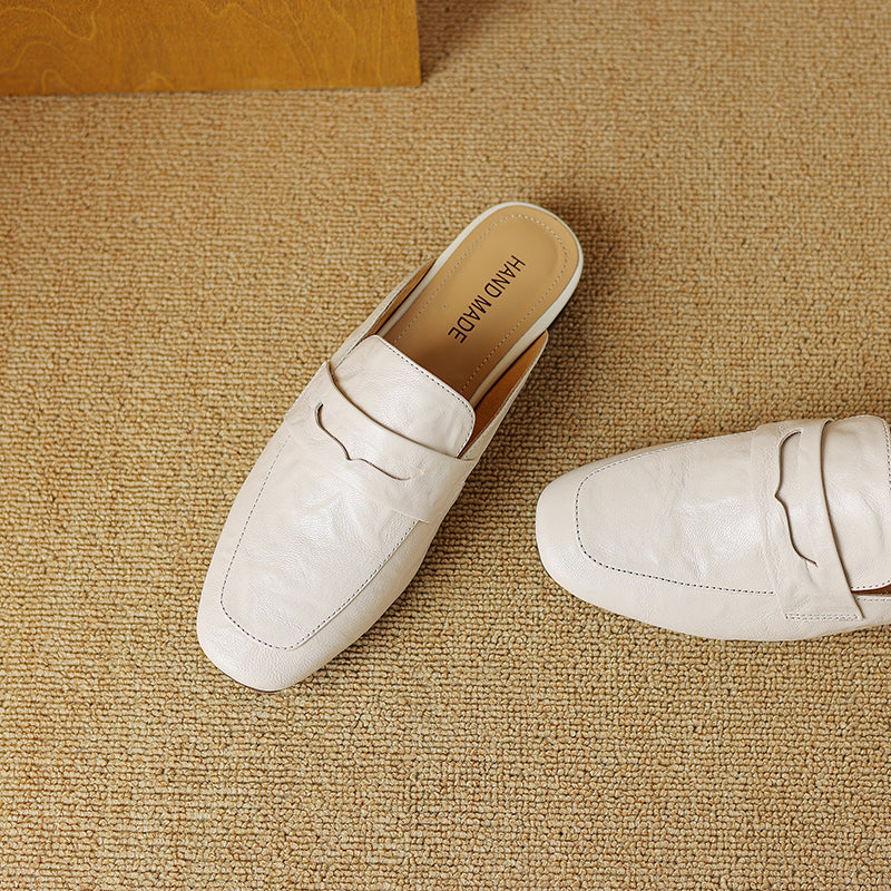 Womens Handmade Vintage Preppy Style Comfort Flat Mule Shoes
