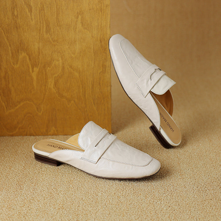Womens Handmade Vintage Preppy Style Comfort Flat Mule Shoes