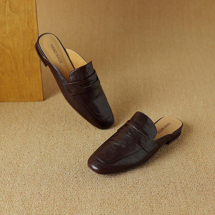 Womens Handmade Vintage Preppy Style Comfort Flat Mule Shoes