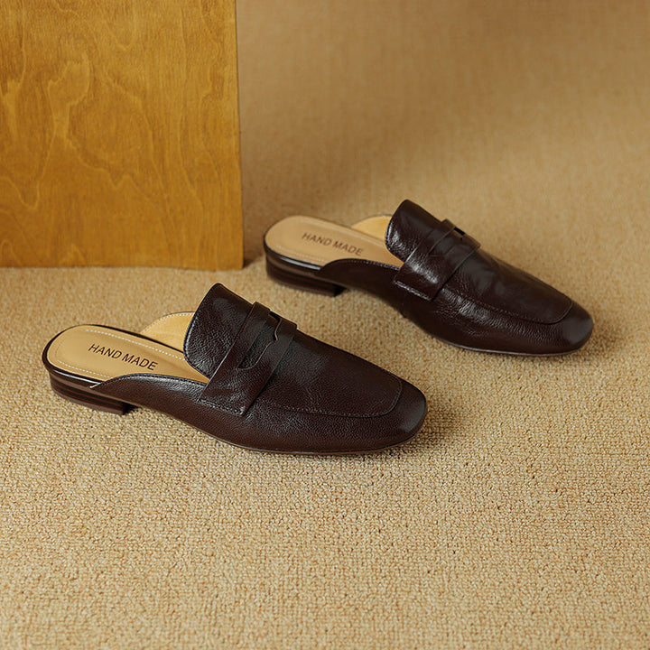 Womens Handmade Vintage Preppy Style Comfort Flat Mule Shoes