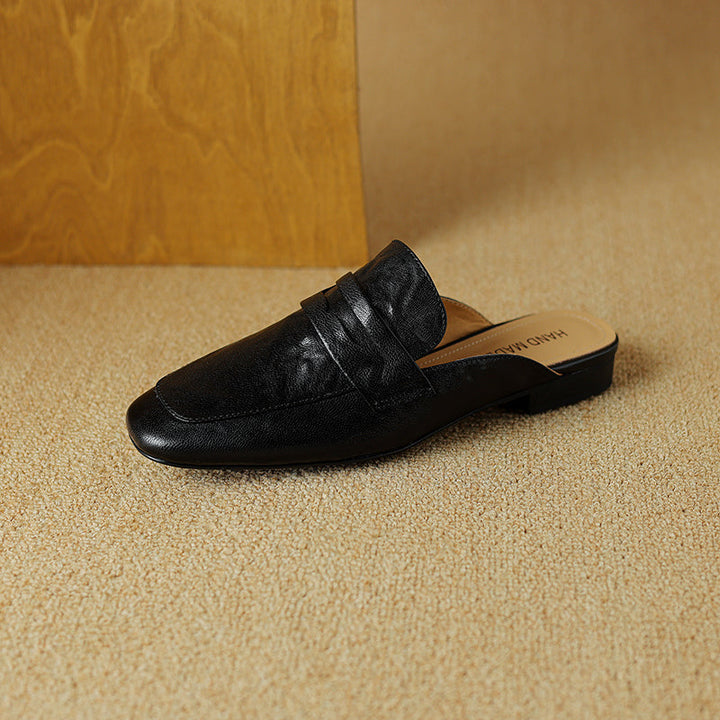 Womens Handmade Vintage Preppy Style Comfort Flat Mule Shoes
