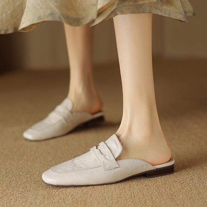 Womens Handmade Vintage Preppy Style Comfort Flat Mule Shoes