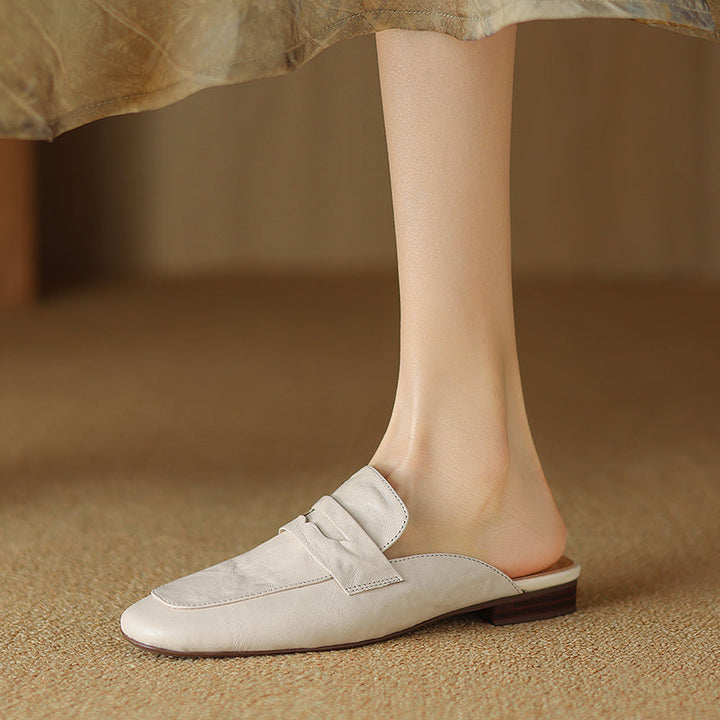 Womens Handmade Vintage Preppy Style Comfort Flat Mule Shoes
