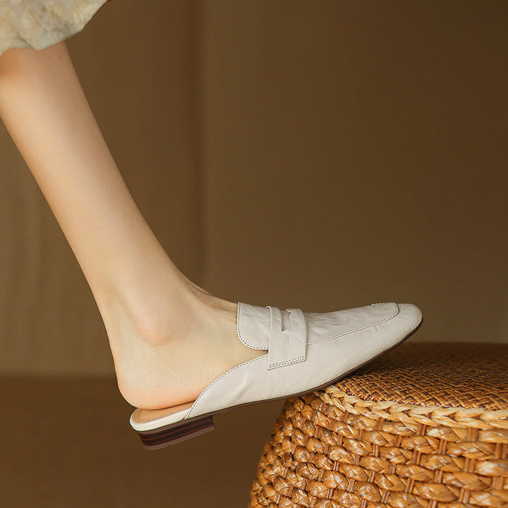 Womens Handmade Vintage Preppy Style Comfort Flat Mule Shoes