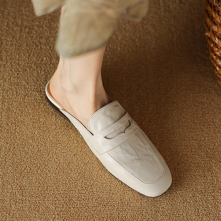 Womens Handmade Vintage Preppy Style Comfort Flat Mule Shoes