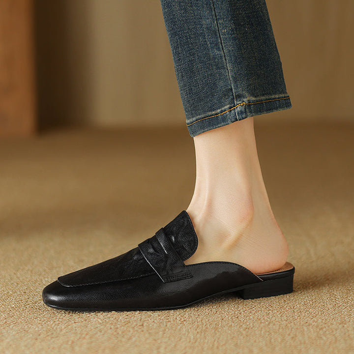 Womens Handmade Vintage Preppy Style Comfort Flat Mule Shoes