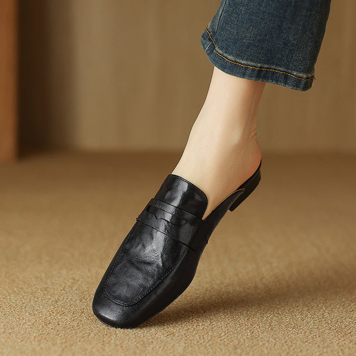 Womens Handmade Vintage Preppy Style Comfort Flat Mule Shoes