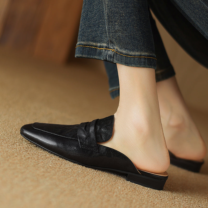 Womens Handmade Vintage Preppy Style Comfort Flat Mule Shoes