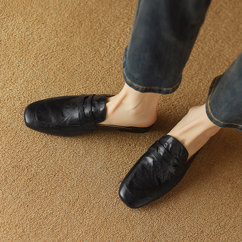 Womens Handmade Vintage Preppy Style Comfort Flat Mule Shoes