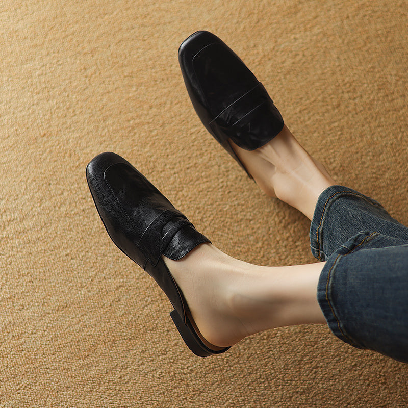 Womens Handmade Vintage Preppy Style Comfort Flat Mule Shoes