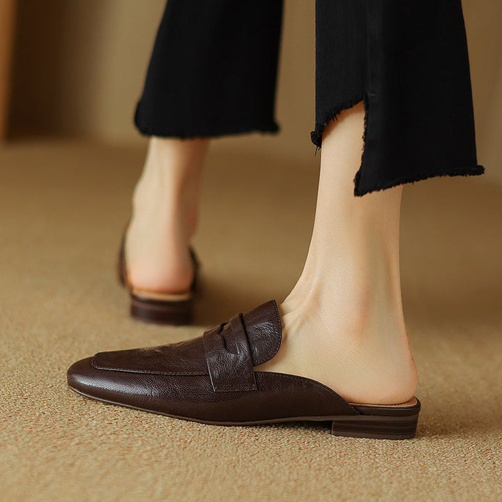 Womens Handmade Vintage Preppy Style Comfort Flat Mule Shoes