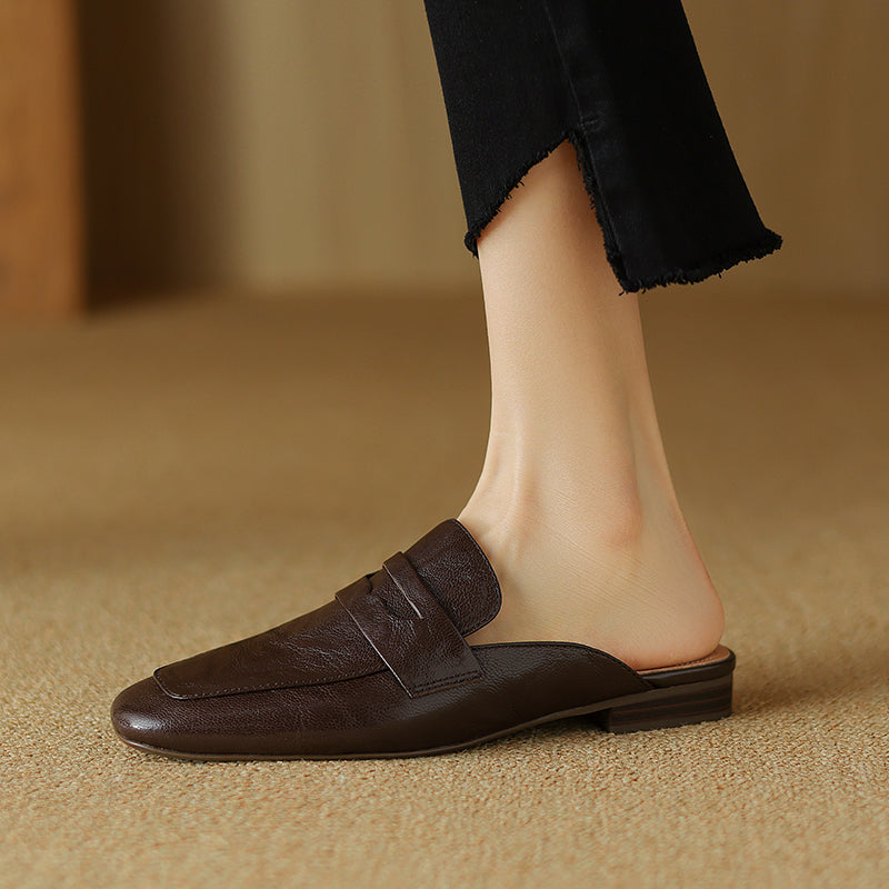 Womens Handmade Vintage Preppy Style Comfort Flat Mule Shoes