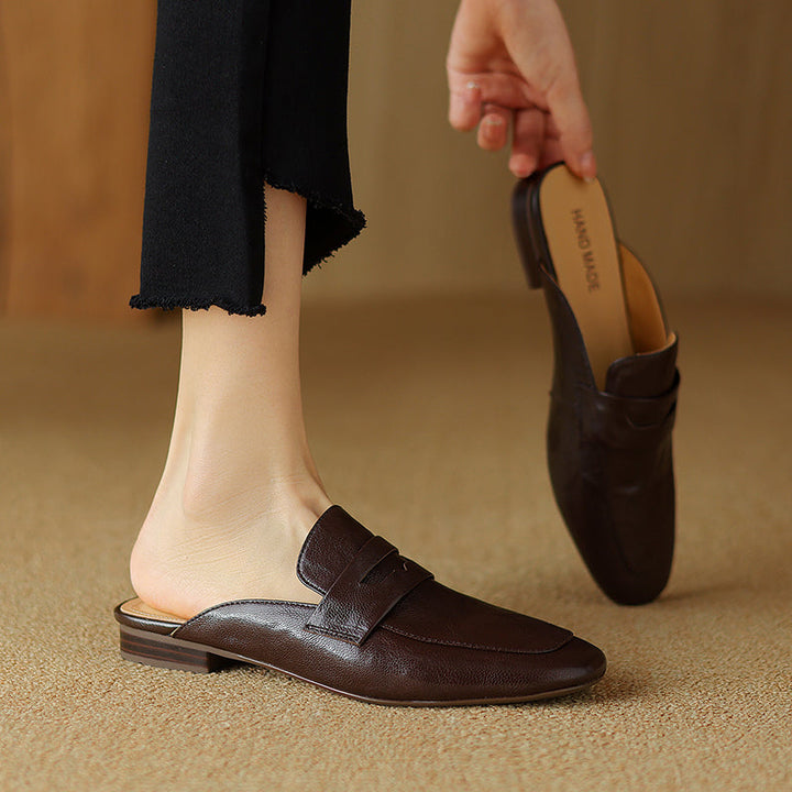 Womens Handmade Vintage Preppy Style Comfort Flat Mule Shoes