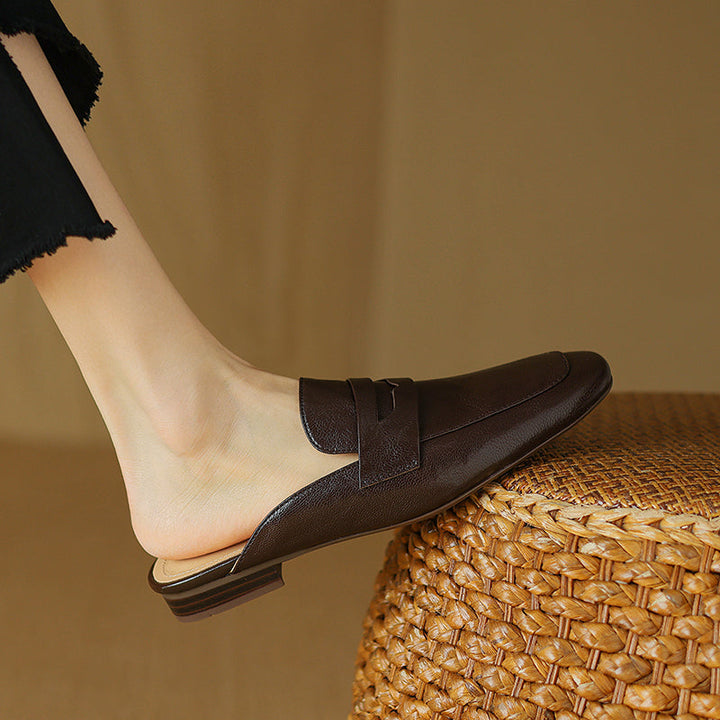 Womens Handmade Vintage Preppy Style Comfort Flat Mule Shoes