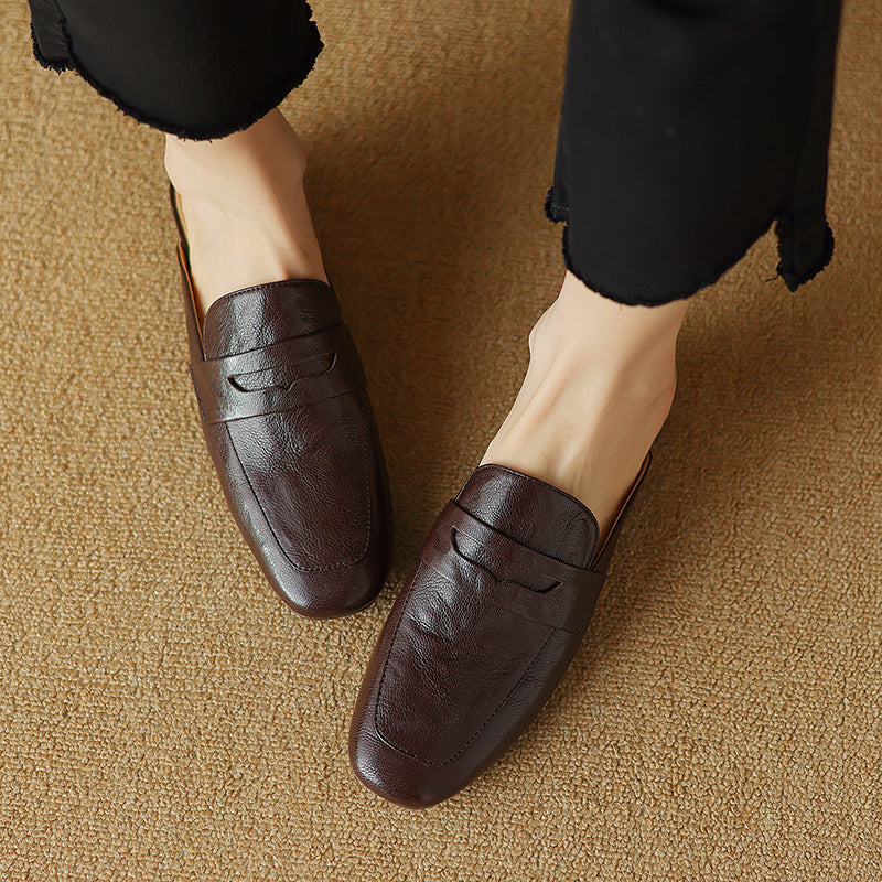 Womens Handmade Vintage Preppy Style Comfort Flat Mule Shoes