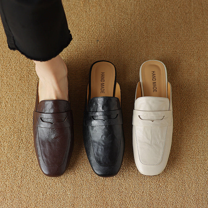 Womens Handmade Vintage Preppy Style Comfort Flat Mule Shoes