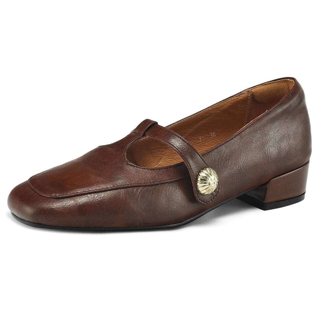 Women's Retro Low Heel T-Strap Handmade Leather Shoes