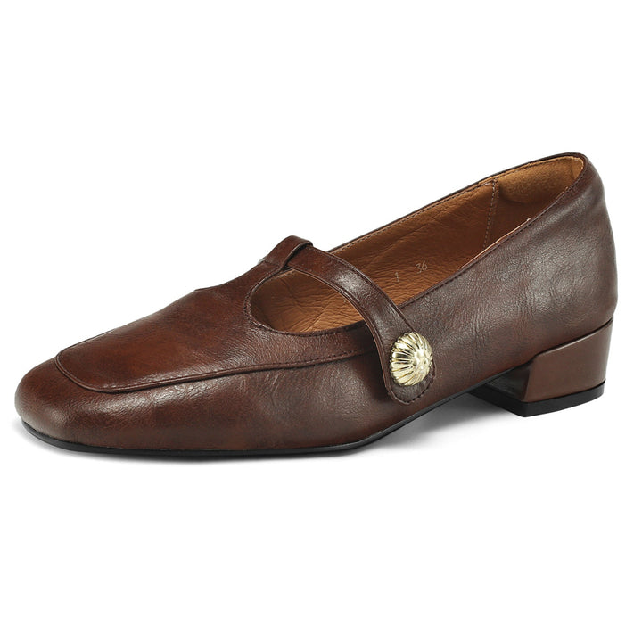 Women's Retro Low Heel T-Strap Handmade Leather Shoes
