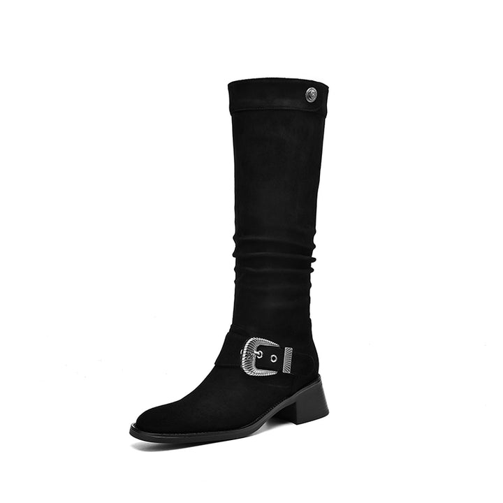 Women's Riding Boots Suede Buckle Knee High Chunky Heel Boots
