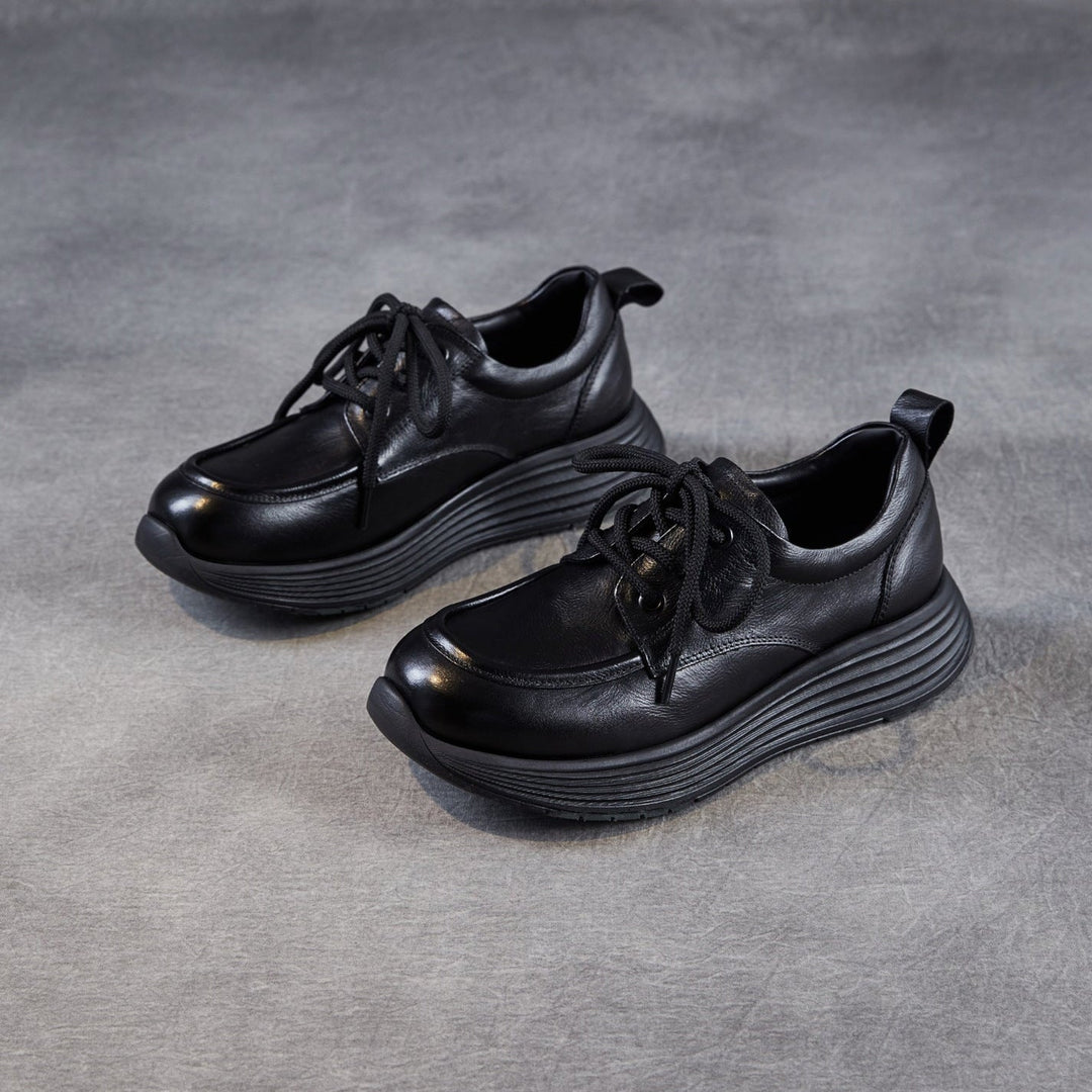 Women’s Leather Lace-Up Platform Wedge Shoes – Retro Non-Slip Casual Style