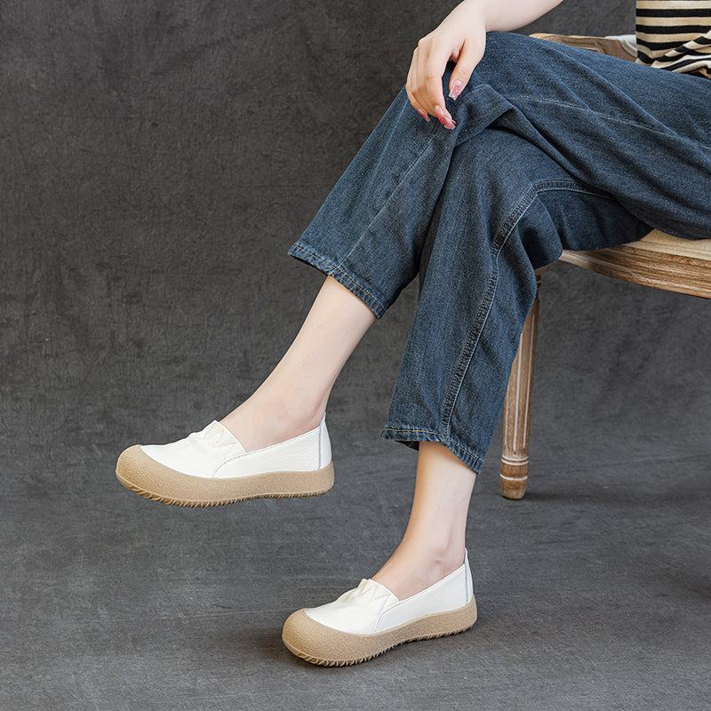 Womens Casual Leather Slip-on Loafers Closed Toe Platform Walking Shoes Anti-Collision