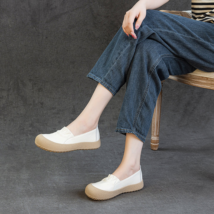 Womens Casual Leather Slip-on Loafers Closed Toe Platform Walking Shoes Anti-Collision