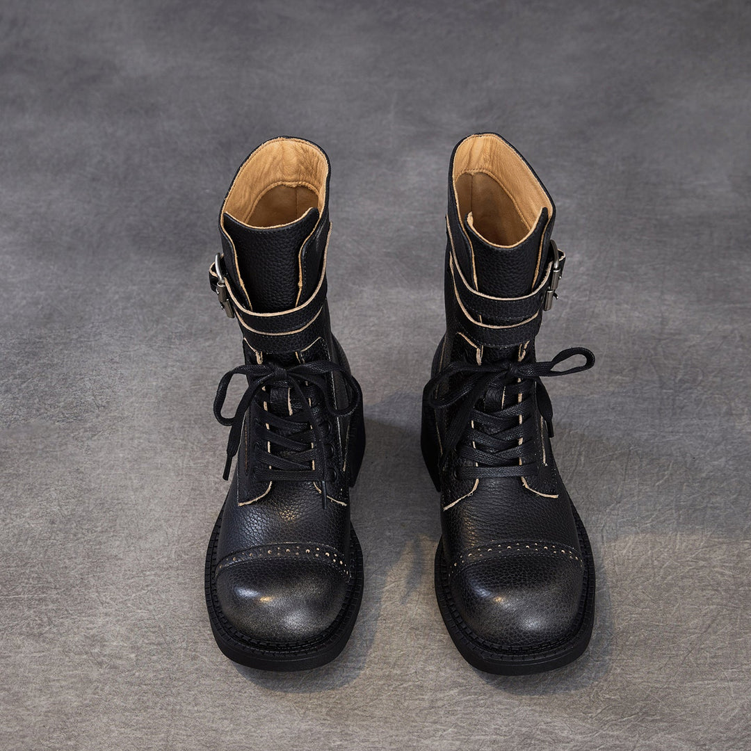 Women‘s Retro Cowhide Mid-Calf Boots Vintage Round Toe Buckle Lace-up Combat Boots