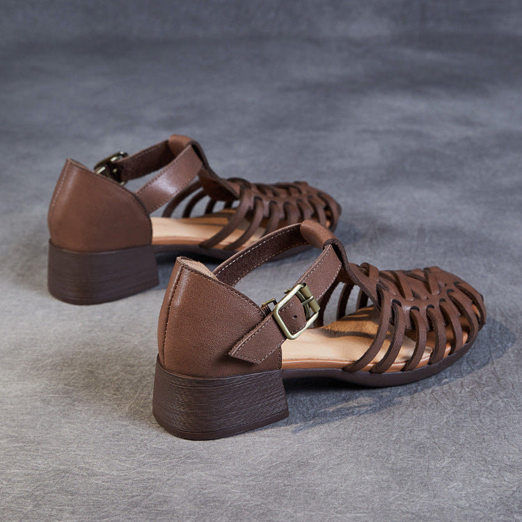 Women's Leather Fisherman Sandals - Vintage Interlocking Woven Closed Mid Block Heel Shoes with Buckle